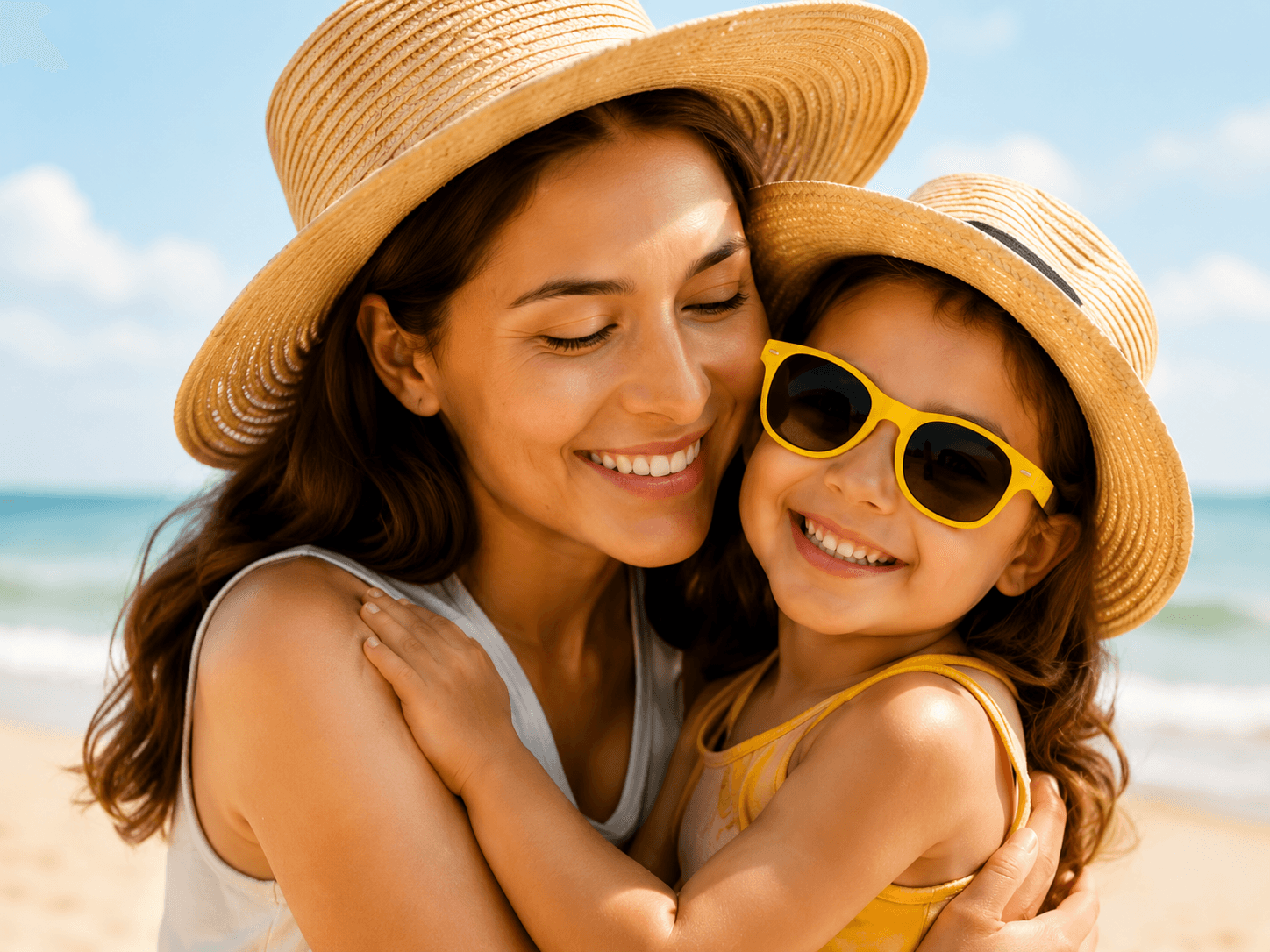 A happy parent and child wearing sunglasses at the beach